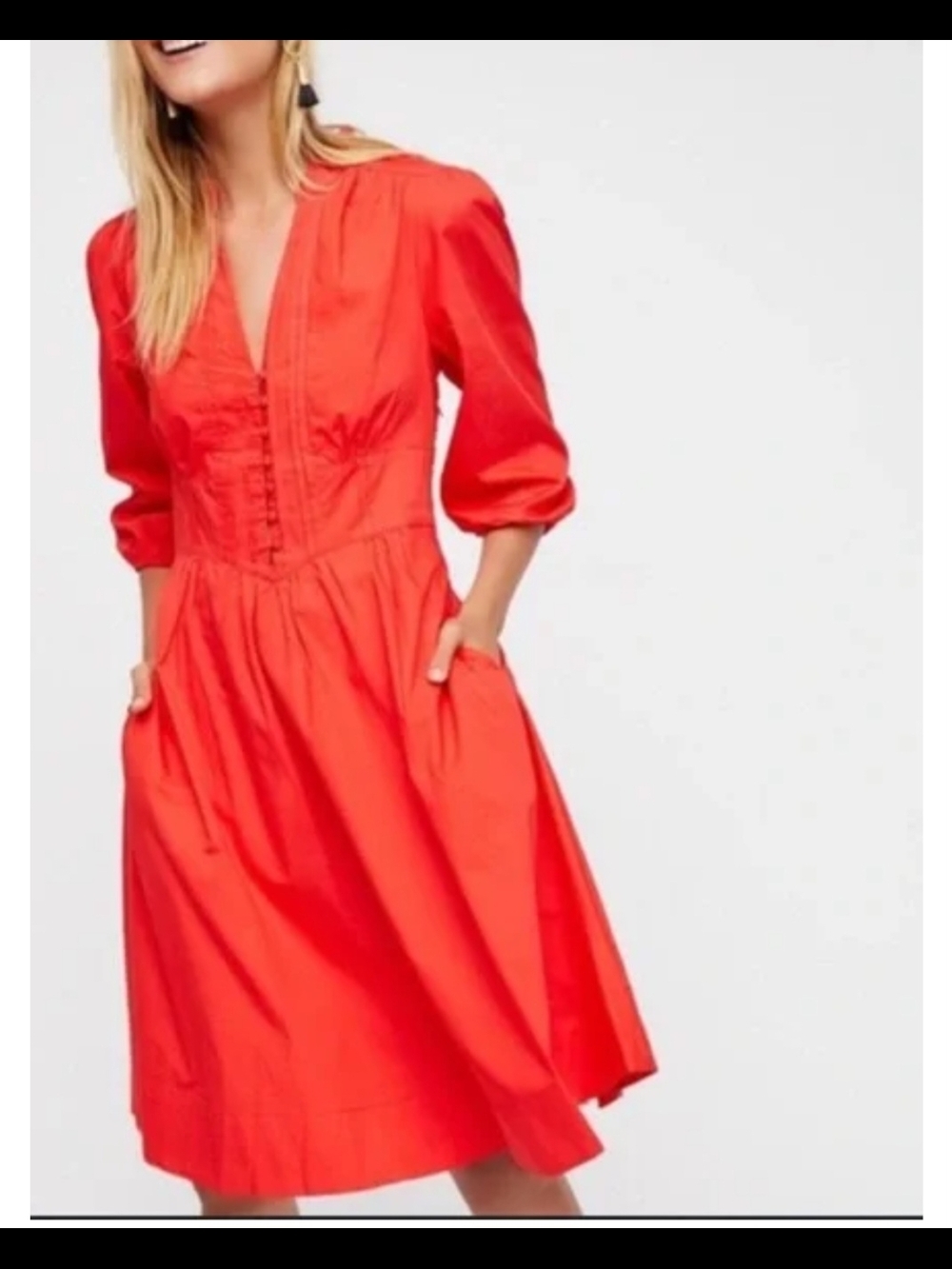 Free People Bright Red Midi Dress with V-Neck